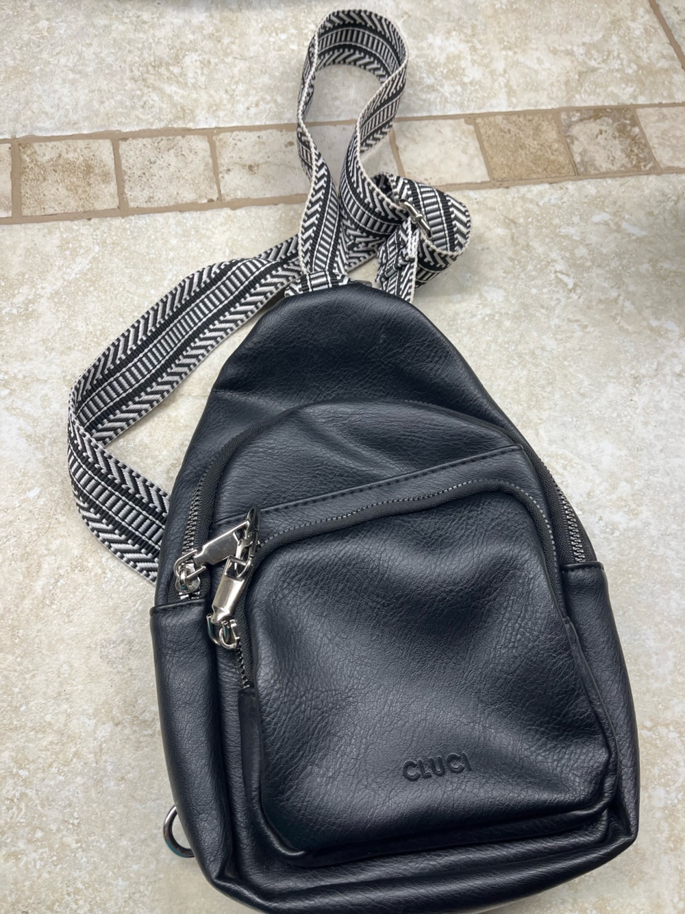 CUCI Black Leather Crossbody Sling Bag with Patterned Strap